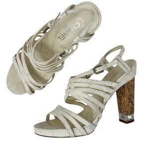 Chanel Suede Block Cork Heel Chain Link CC Detail Strappy Sandals white size 39